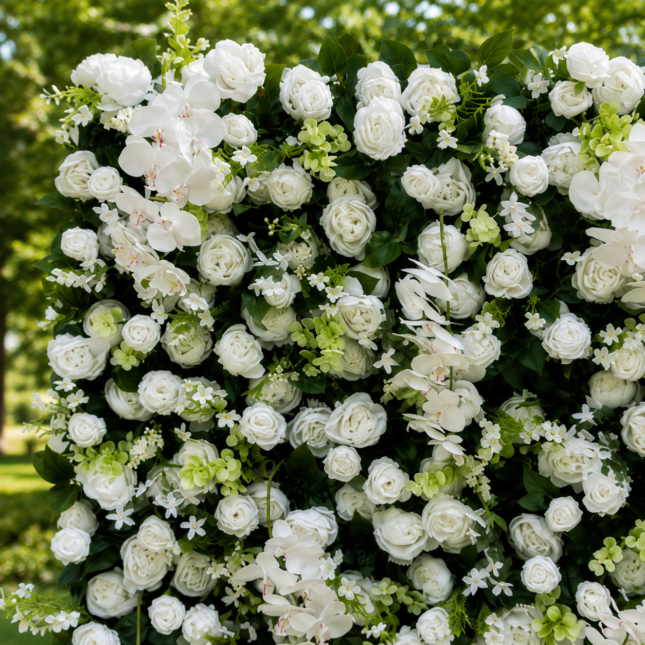 White Orchid Greenery Artificial Flower Wall Backdrop for Garden Weddings and Event Rentals