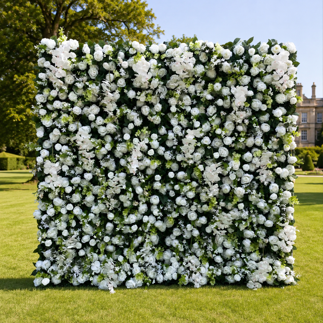 White Orchid Greenery Artificial Flower Wall Backdrop for Garden Weddings and Event Rentals