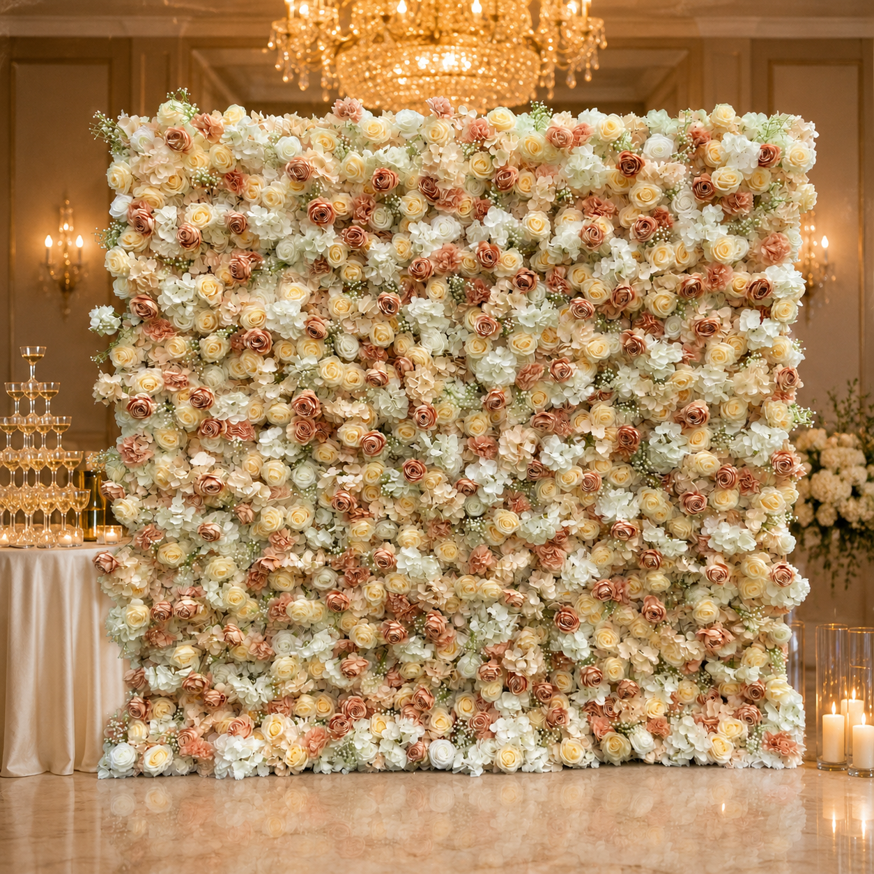Champagne Rose Artificial Flower Wall Backdrop for Bridal Showers Birthdays Engagement Parties Wedding Receptions and Brand Events