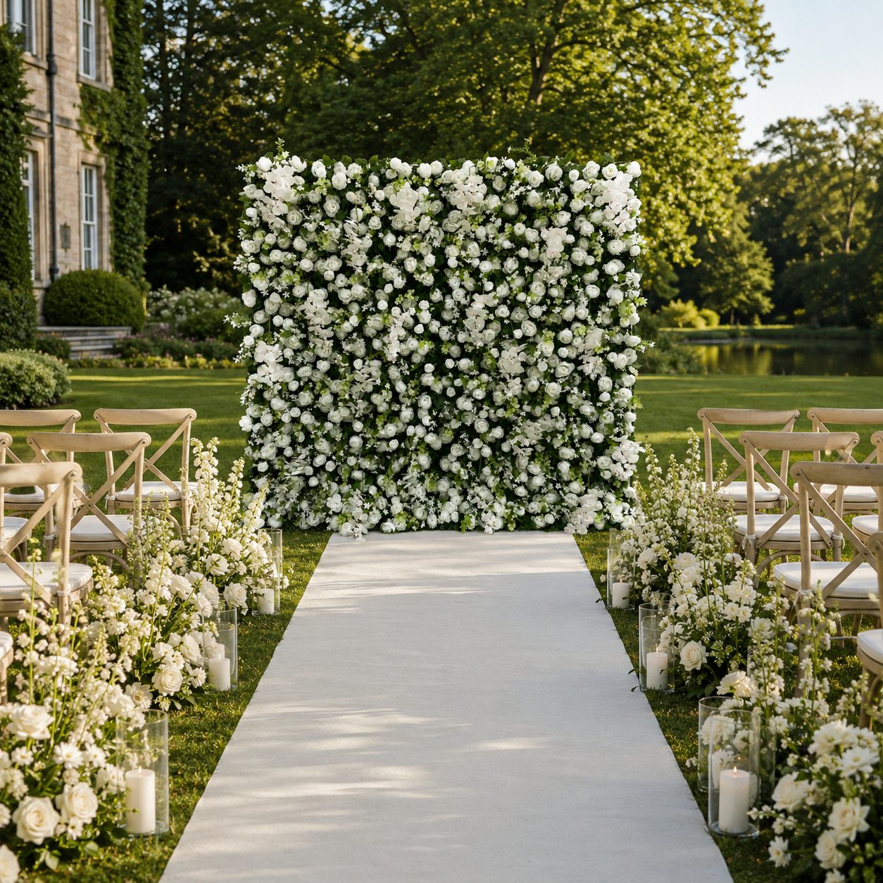 White Orchid Greenery Artificial Flower Wall Backdrop for Garden Weddings and Event Rentals