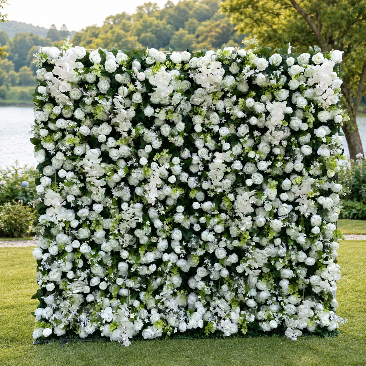 White Orchid Greenery Artificial Flower Wall Backdrop for Garden Weddings and Event Rentals