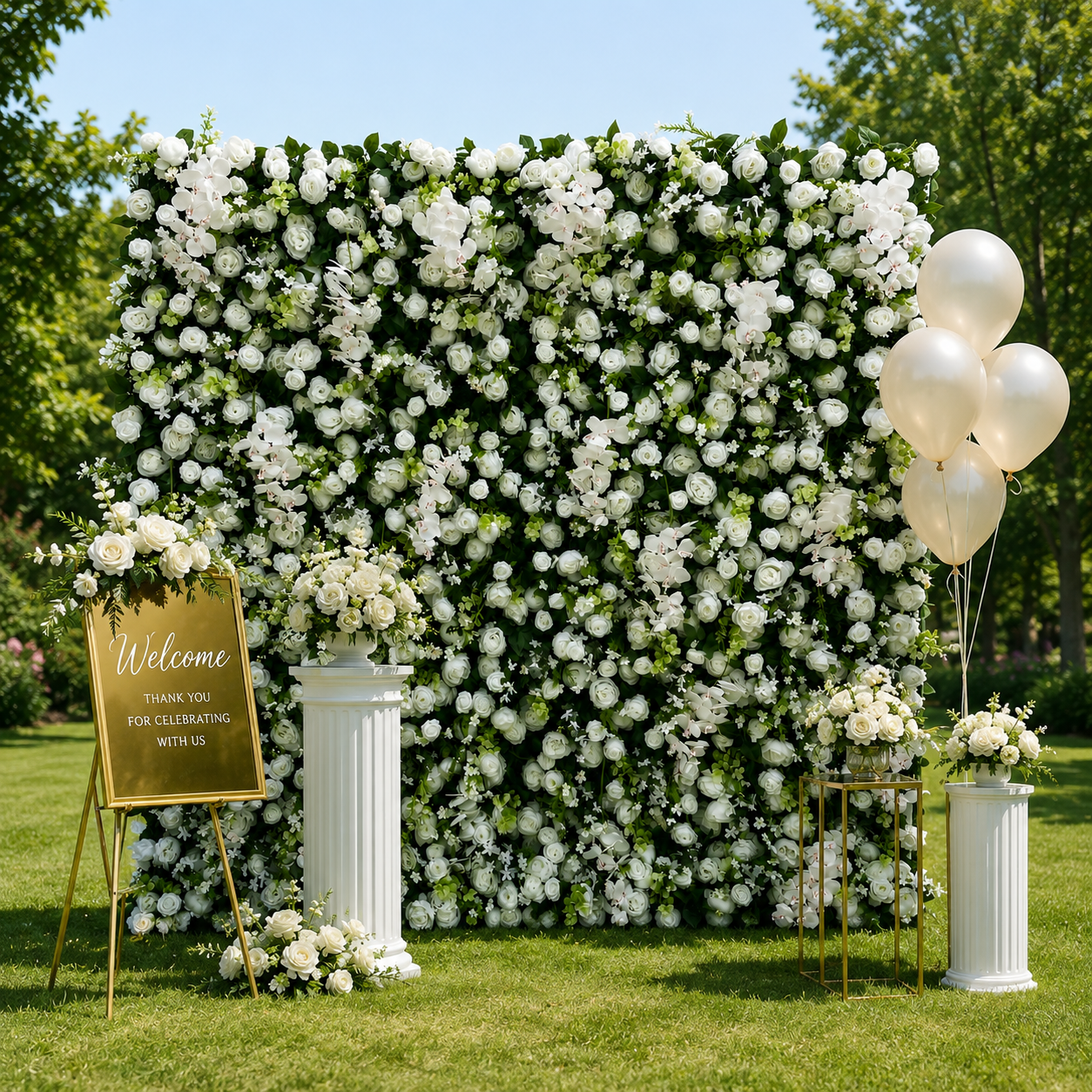 White Orchid Greenery Artificial Flower Wall Backdrop for Garden Weddings and Event Rentals
