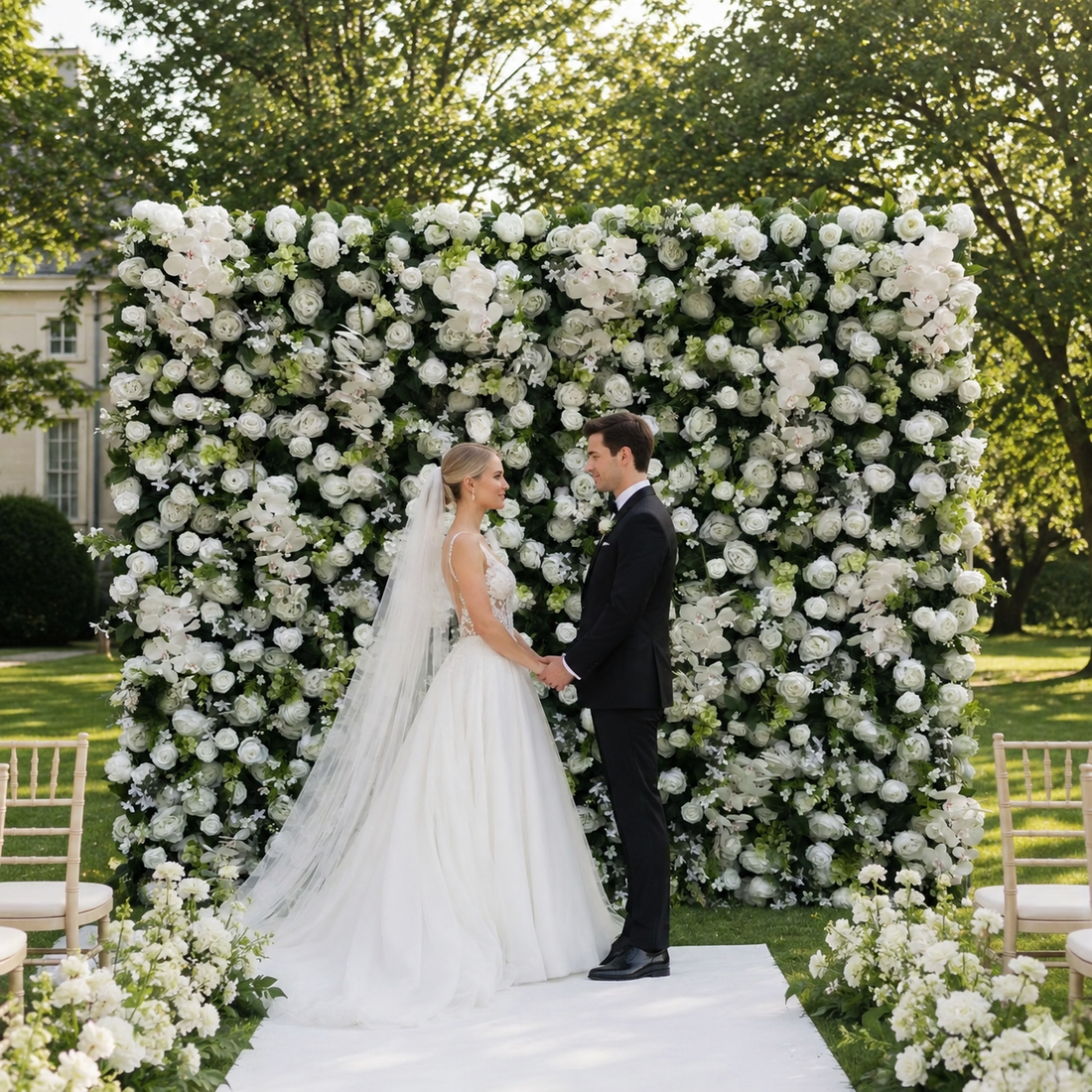 White Orchid Greenery Artificial Flower Wall Backdrop for Garden Weddings and Event Rentals