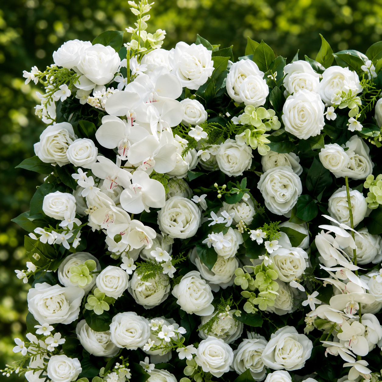 White Orchid Greenery Artificial Flower Wall Backdrop for Garden Weddings and Event Rentals